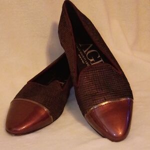 AGL Brown Textured Pointed Toe Flats with Copper Metallic Cap